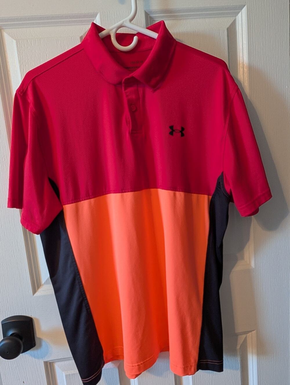 Under Armour Golf Polo Shirt Mens Large Red,Orange Colorblock Performance Rugby